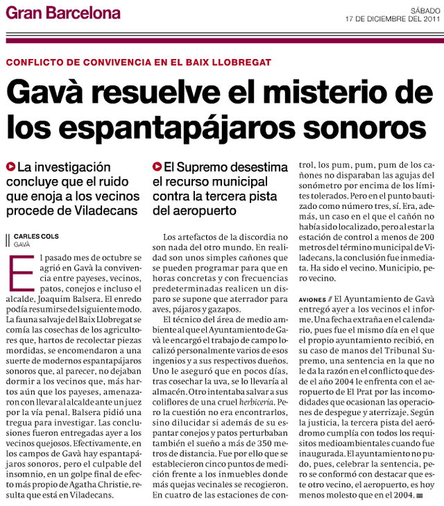 Notícia publicada al diari EL PERIDICO sobre les conclusions extretes per l'Ajuntament de Gav desprs d'analitzar l'impacte acstic de les explosions que realitzen els pagesos per allunyar els animals dels sus conreus (17 Desembre 2011)